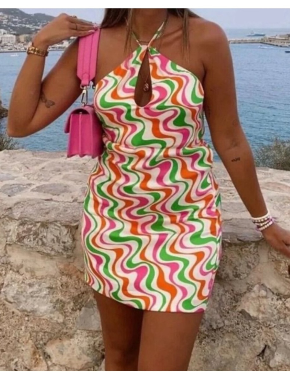Zara Retro Wavy Mini Halter Dress Size M NWT blogger’s favorite 70s beach chic